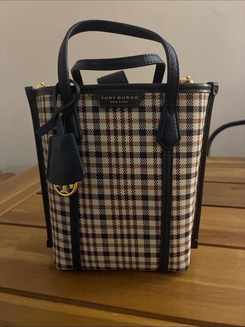 Tory Burch Brown Plaid Mini Perry Crossbody Tote